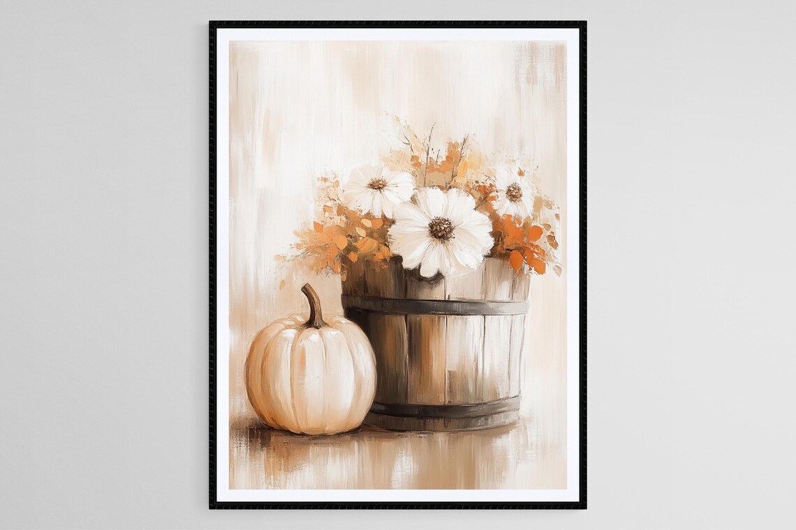 White Pumpkin Beside Wooden Bucket Of Fresh Fall Flowers Poster
