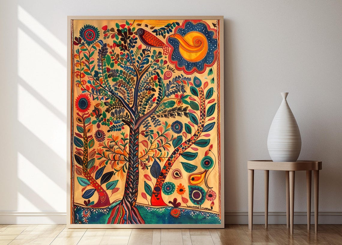 Indian Madhubani Art Print Traditional Folk Artwork