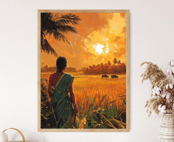 Bengali Woman In Golden Paddy Field At Sunset Rural Art Poster