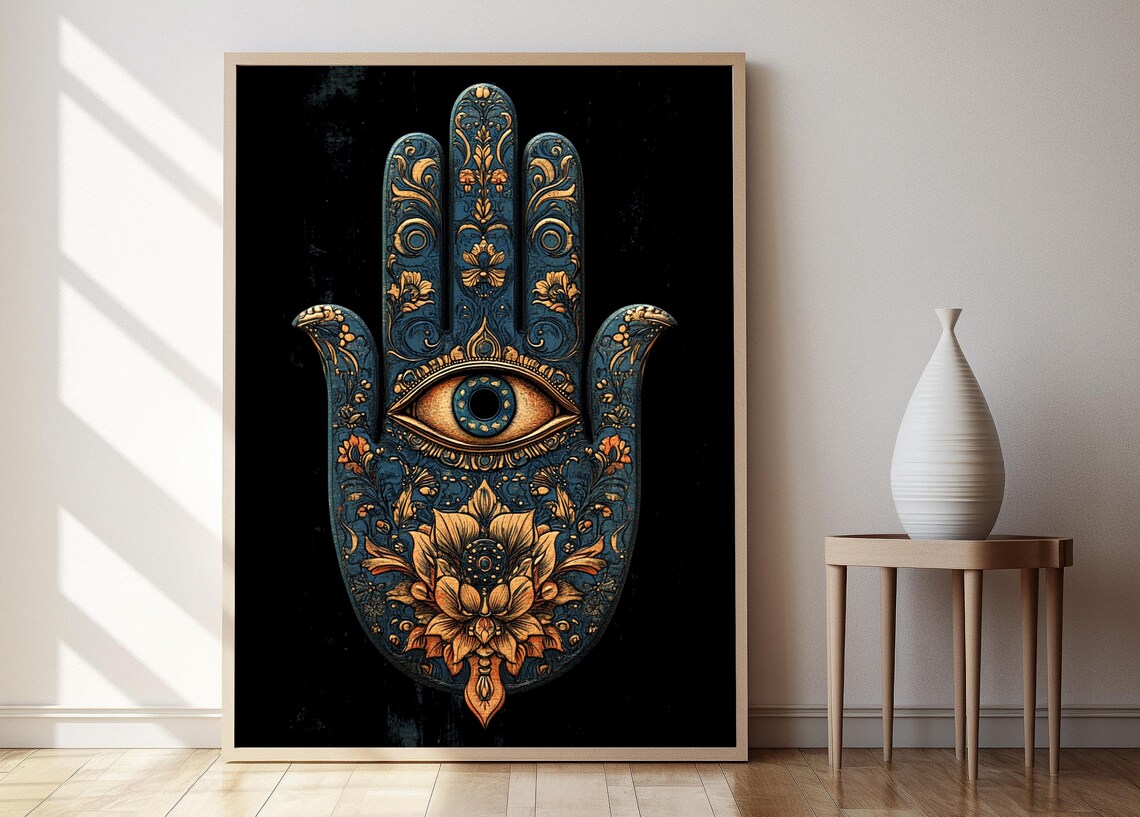 Hamsa Hand, Gold And Blue Mandala Spiritual Art Print