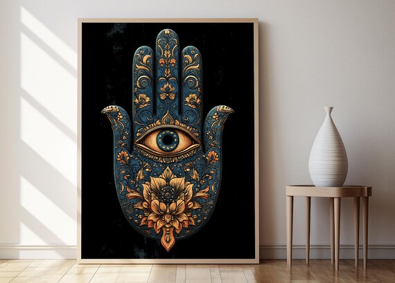 Hamsa Hand, Gold And Blue Mandala Spiritual Art Print