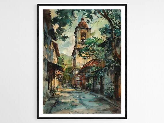 San Agustin Church Manila Bell Tower Street Watercolor Travel Poster