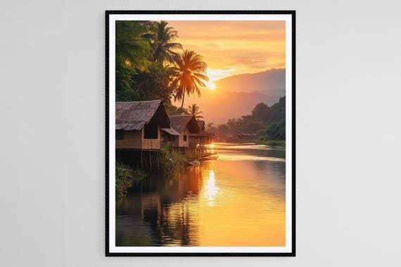 Papua New Guinea Village Art Print Stilt Houses And Sunset River