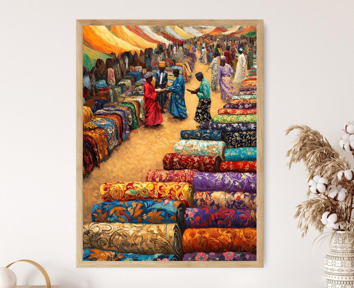 Sudanese Textile Market Art Print African Fabric Scene Colorful Sudan Decor