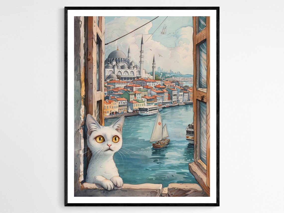 White Cat at Istanbul Window Overlooking Bosphorus Watercolor Poster