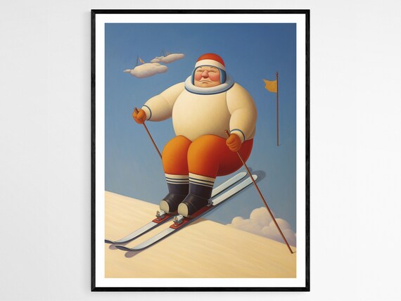 Chubby Skier Winter Descent Humorous Botero Style Art Poster