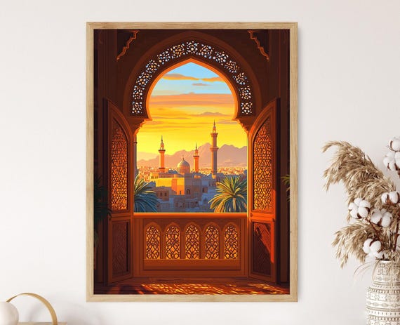Old Sanaa City Open Balcony Door Illustration Yemeni Architecture And Mountain Landscape Wall Art