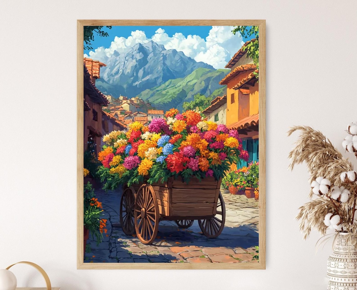 Peruvian Farm Decor Rustic Wooden Cart With Flowers Art Print