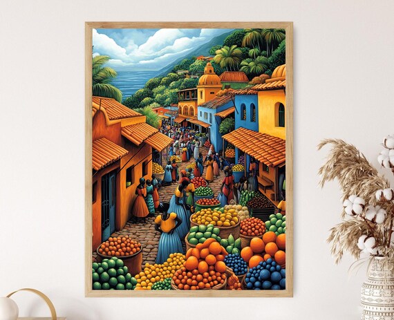 Tanzania Marketplace Illustration Colorful Farm Market Painting African Fruit Art Wall Art For Kitchen African Restaurant Decor