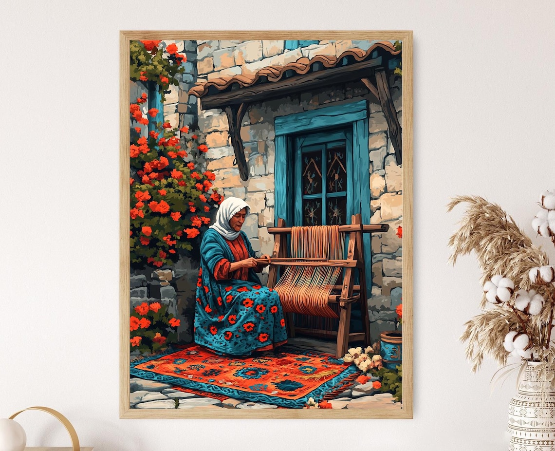 Elderly Woman Weaving Kilim Rug Rustic Heritage Craft Poster
