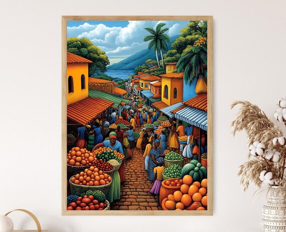 Rwanda Marketplace Illustration Colorful Farm Market Painting African Fruit Art Wall Art For Kitchen African Restaurant Decor
