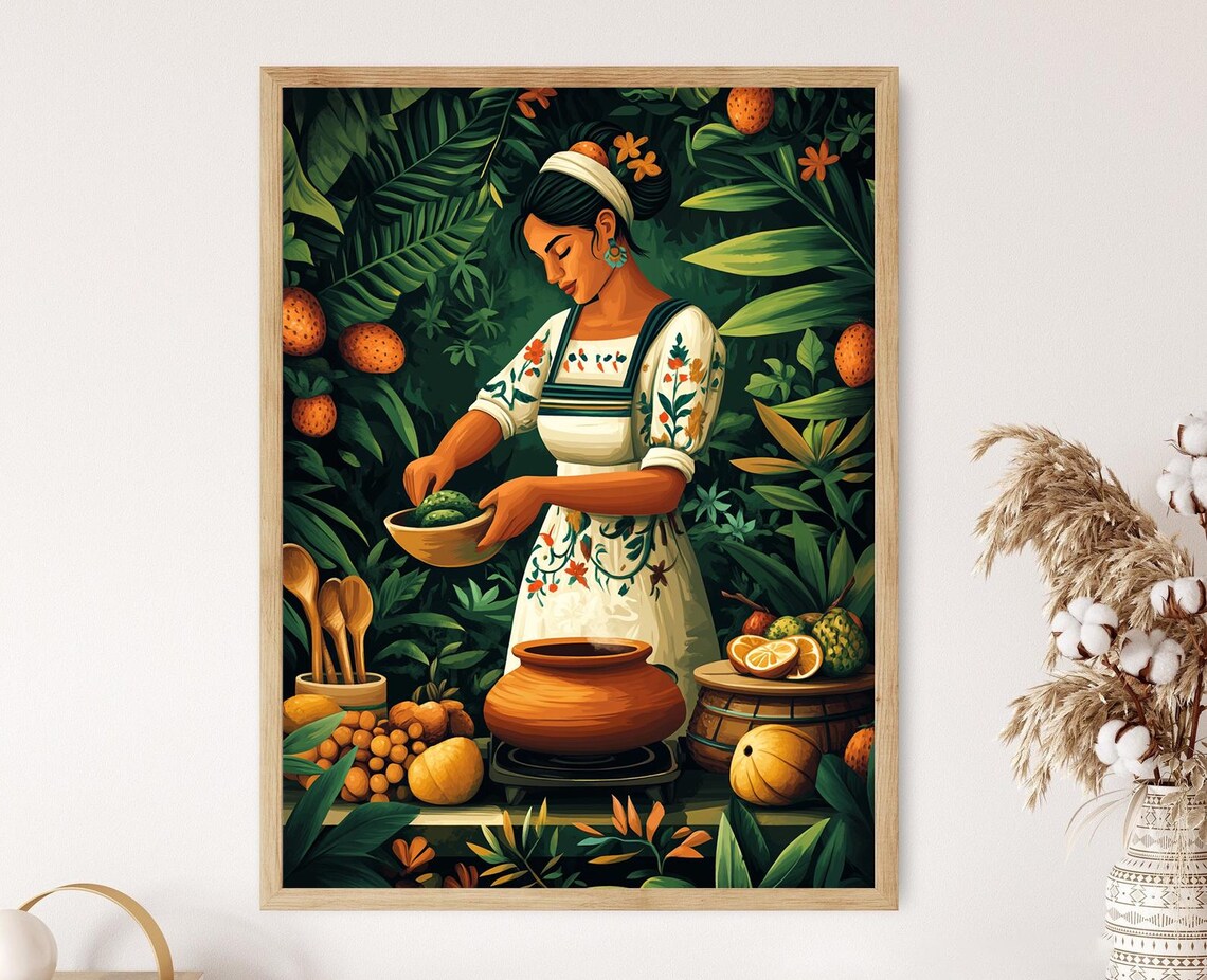Panamanian Woman Cooking Hojaldres Clay Stove Tropical Art Poster
