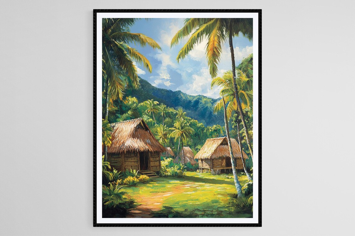 Traditional Fijian Bures Art Print, Tropical Village