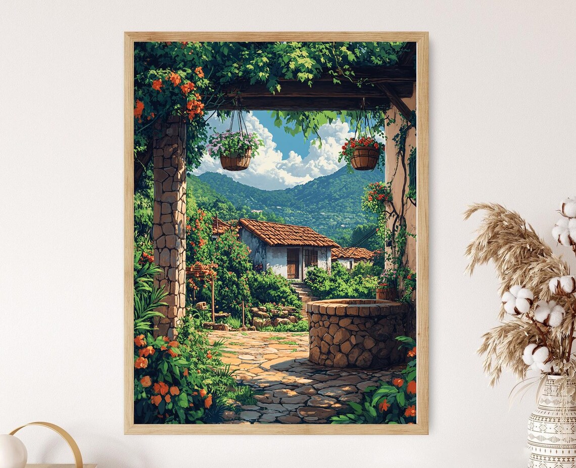 Honduras Stone Well With Flowers, Rustic Farm Decor Art Print