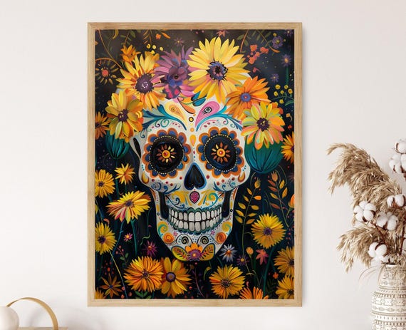 Original Dia De Los Muertos Artwork Colorful Skull Painting Cultural Wall Decor Artistic Anniversary Gift