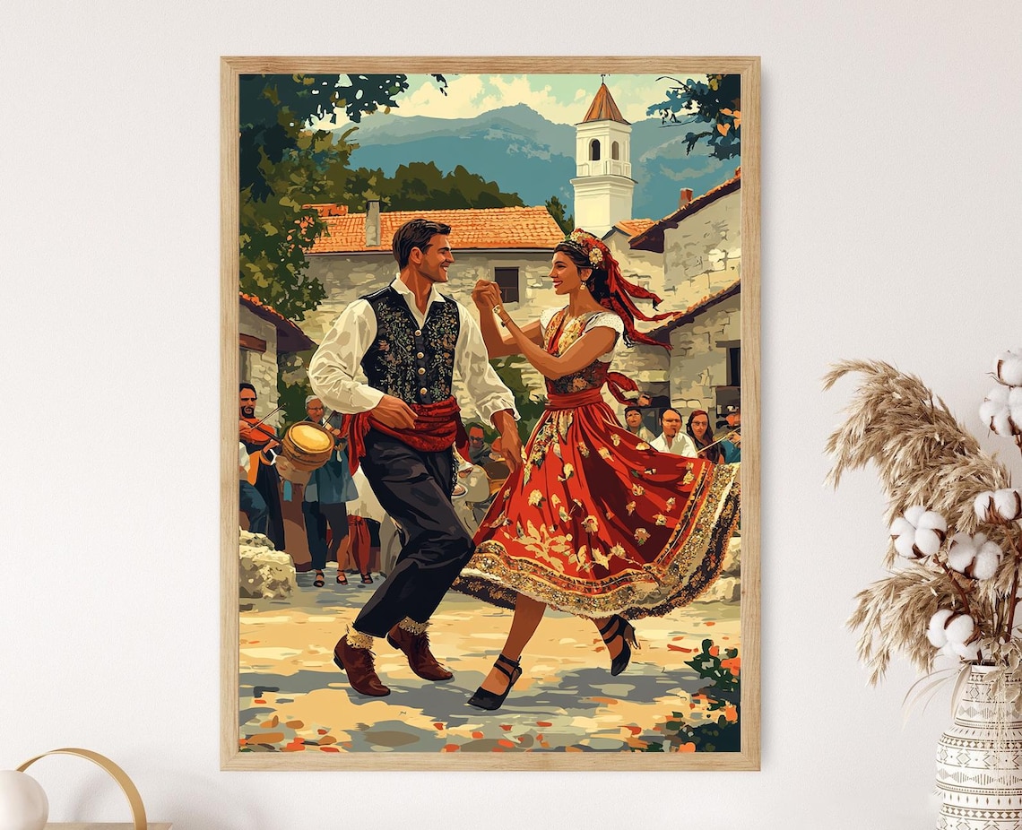 Macedonian Oro Dance Couple In Village Square Musicians Scene Poster