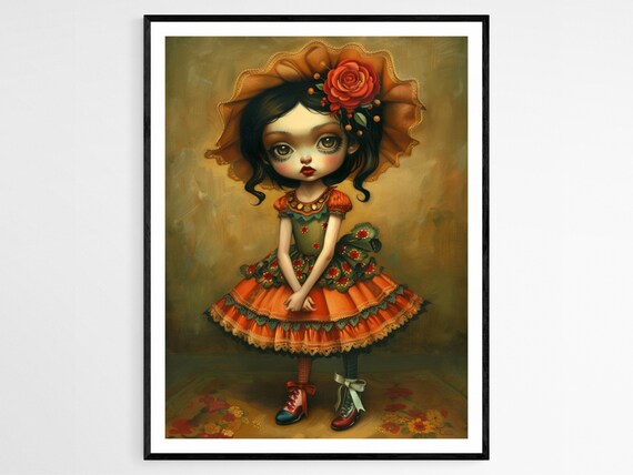 Flamenco Dancer Doll In Orange Ruffles With Rose In Hair Art Poster