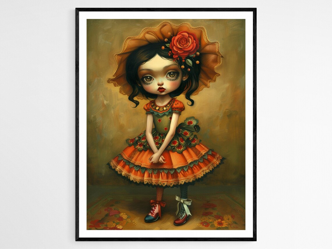Flamenco Dancer Doll In Orange Ruffles With Rose In Hair Art Poster