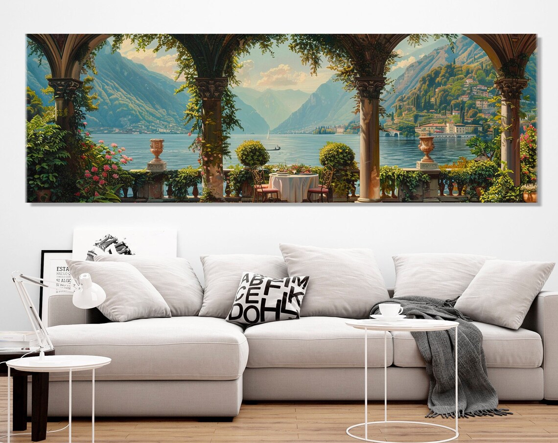 Lake Como Vintage Panorama Art Print, Italy Coast