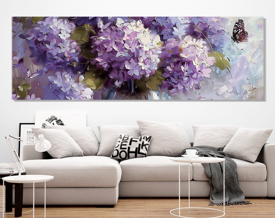 Purple Lilac Blossoms Butterfly Thick Impasto Spring Floral Wall Art