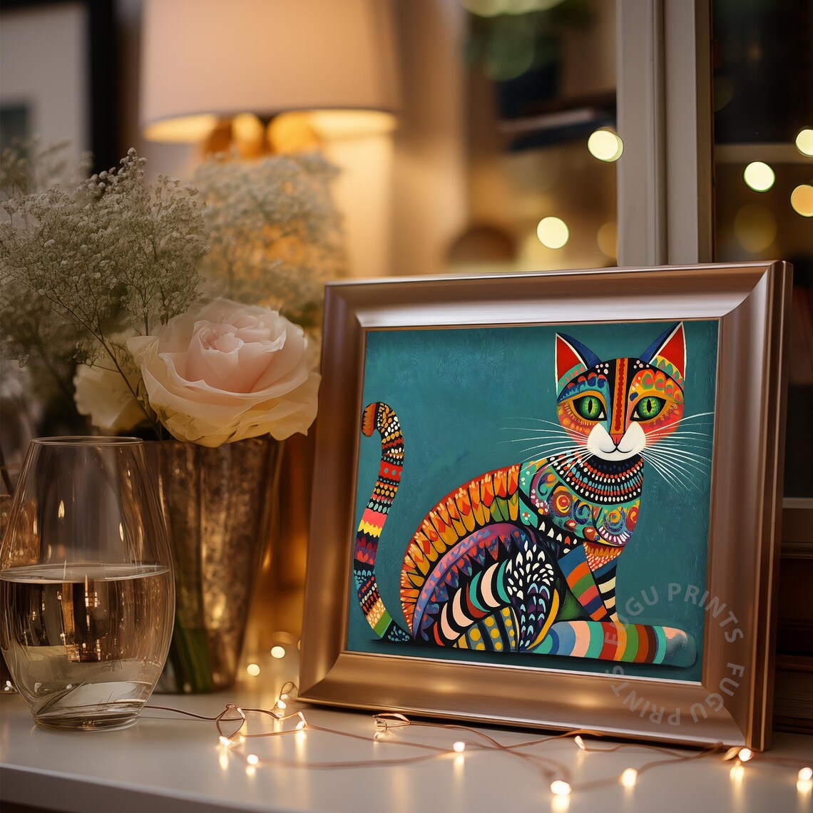 Colorful Folk Art Cat Teal Background Whimsical Cat Art Poster - Image 3