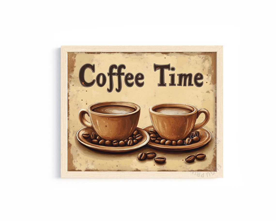 Coffee Time Print Vintage Kitchen Decor Retro Coffee Art Cafe Wall Art Brown Beige Tones 74