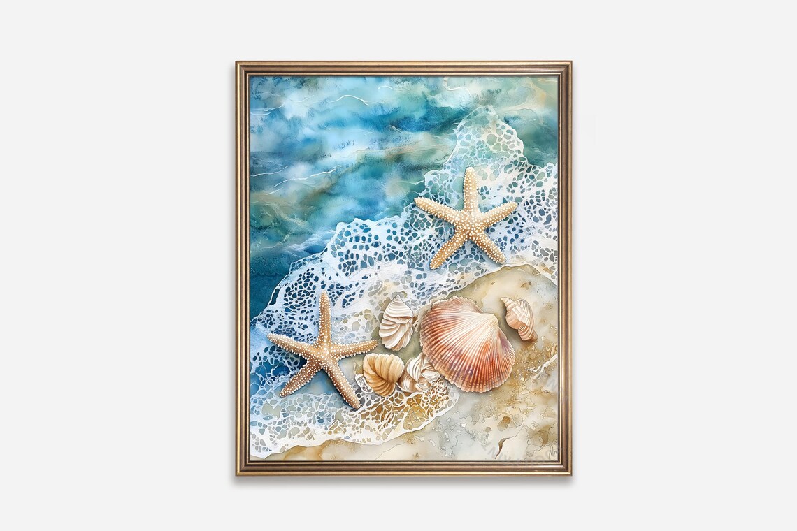 Beach Watercolor Seashell Starfish Art Print