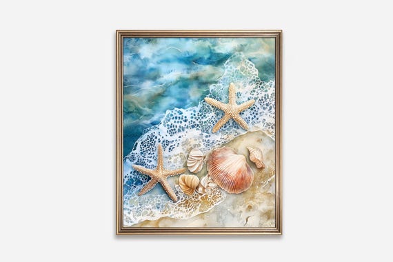 Beach Watercolor Seashell Starfish Art Print