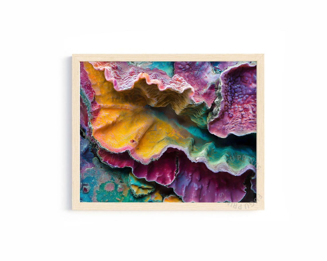 Abstract Coral Vibrant Coastal Wall Art Macro Ocean Print Yellow Pink Purple Turquoise Decor 39