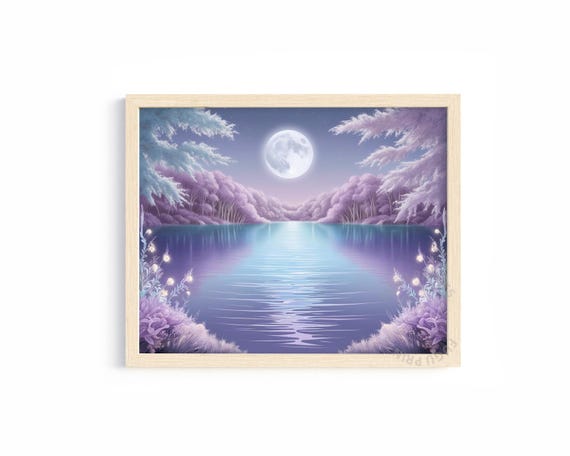 Full Moon Lake Art Ethereal Landscape Wall Art Purple Home Decor 368