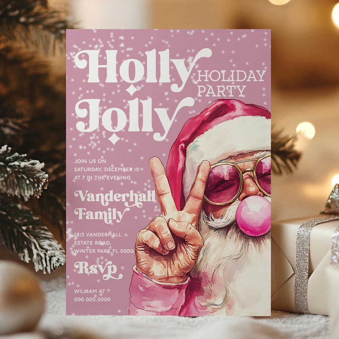 Holly Jolly Pink Santa Holiday Party Invitation Retro Invite Print