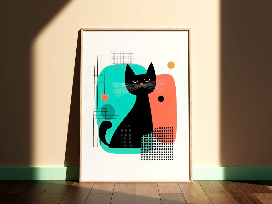 Black Cat Mid-Century Modern Animal Art Print