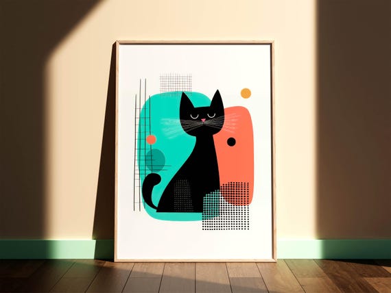 Black Cat Mid-Century Modern Animal Art Print