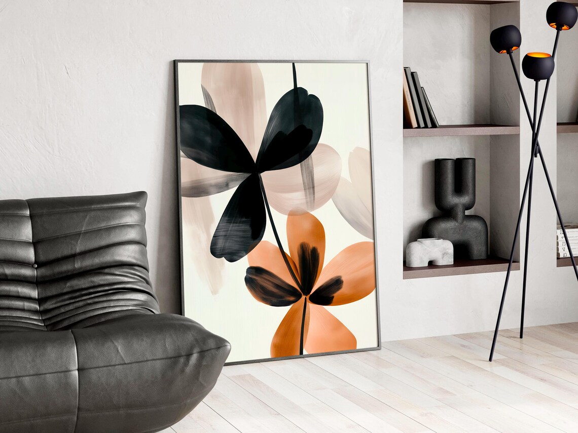 Black And Ochre Botanical Flowers Abstract Brush Painting Poster