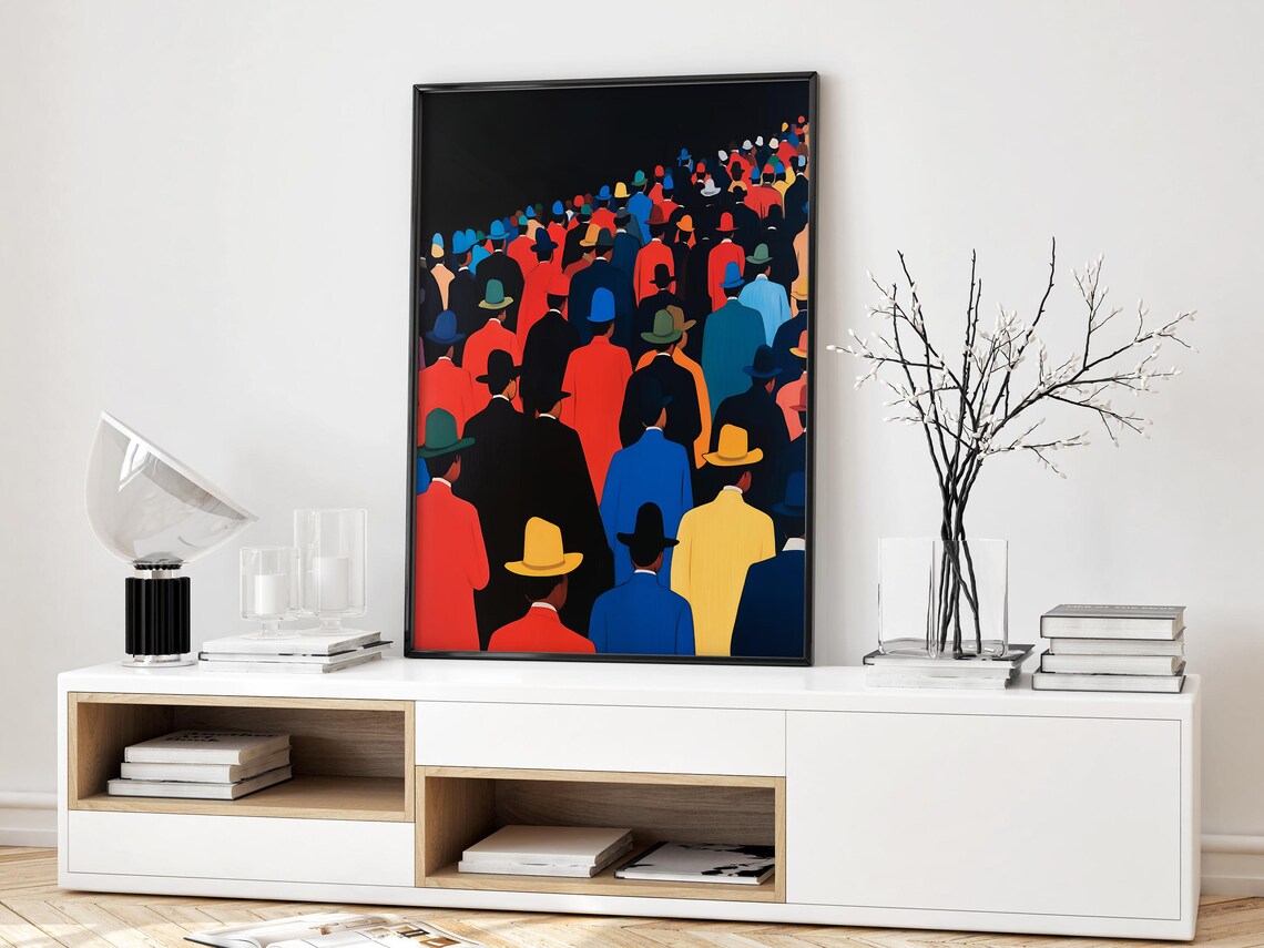 Bold Vibrant Crowd in Colorful Hats Maximalist Figurative Poster