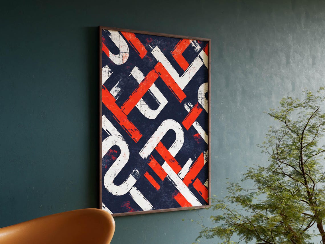 Bold Red White and Navy Diagonal Stripe Geometric Abstract Poster