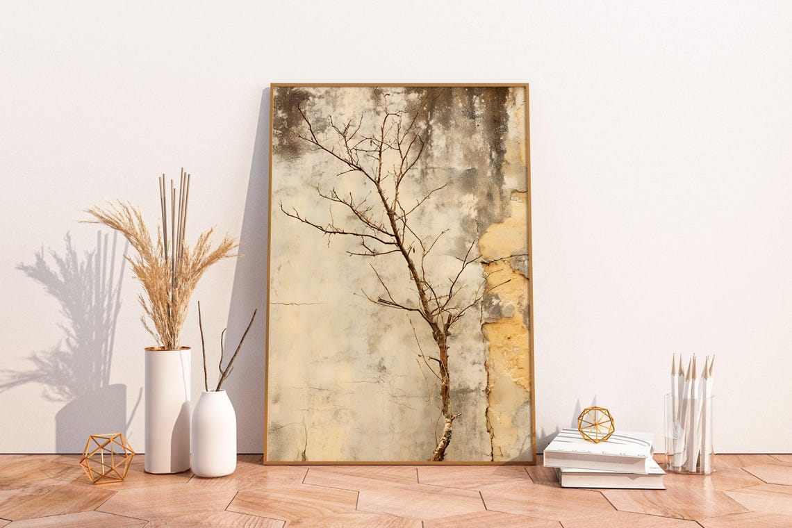 Wabi Sabi Bare Tree Weathered Plaster Surface Rustic Nature Poster