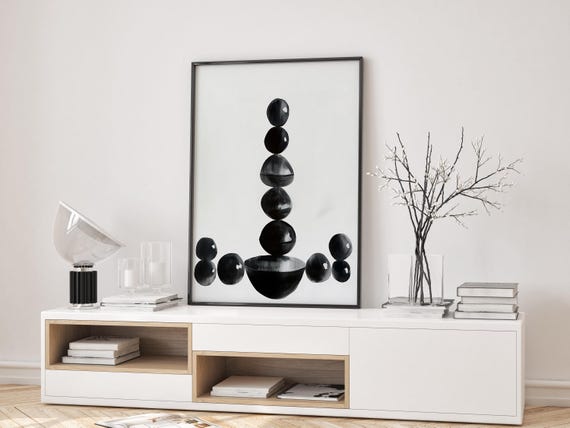 Black Stone Cairn Tower Balance Sculpture Zen Japandi Art Poster
