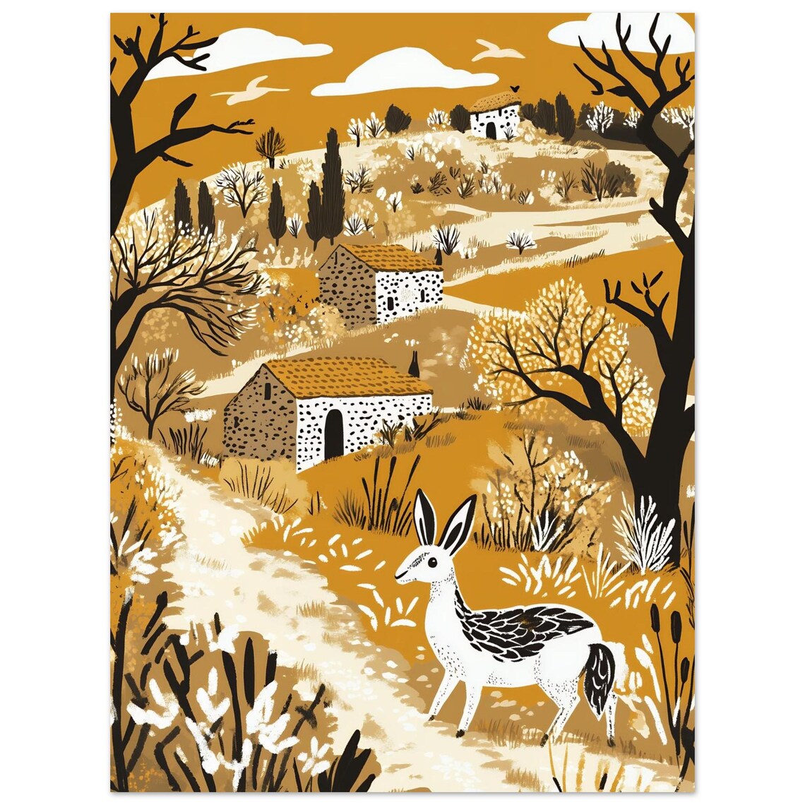 Whimsical Mid Century Modern Golden Countryside Village Poster