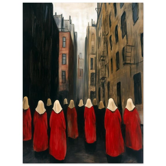 Trendy Surreal Wall Art Minimalist Poster Red Cloaked Figures In The City Moody Modern Print For Eclectic Home Decor