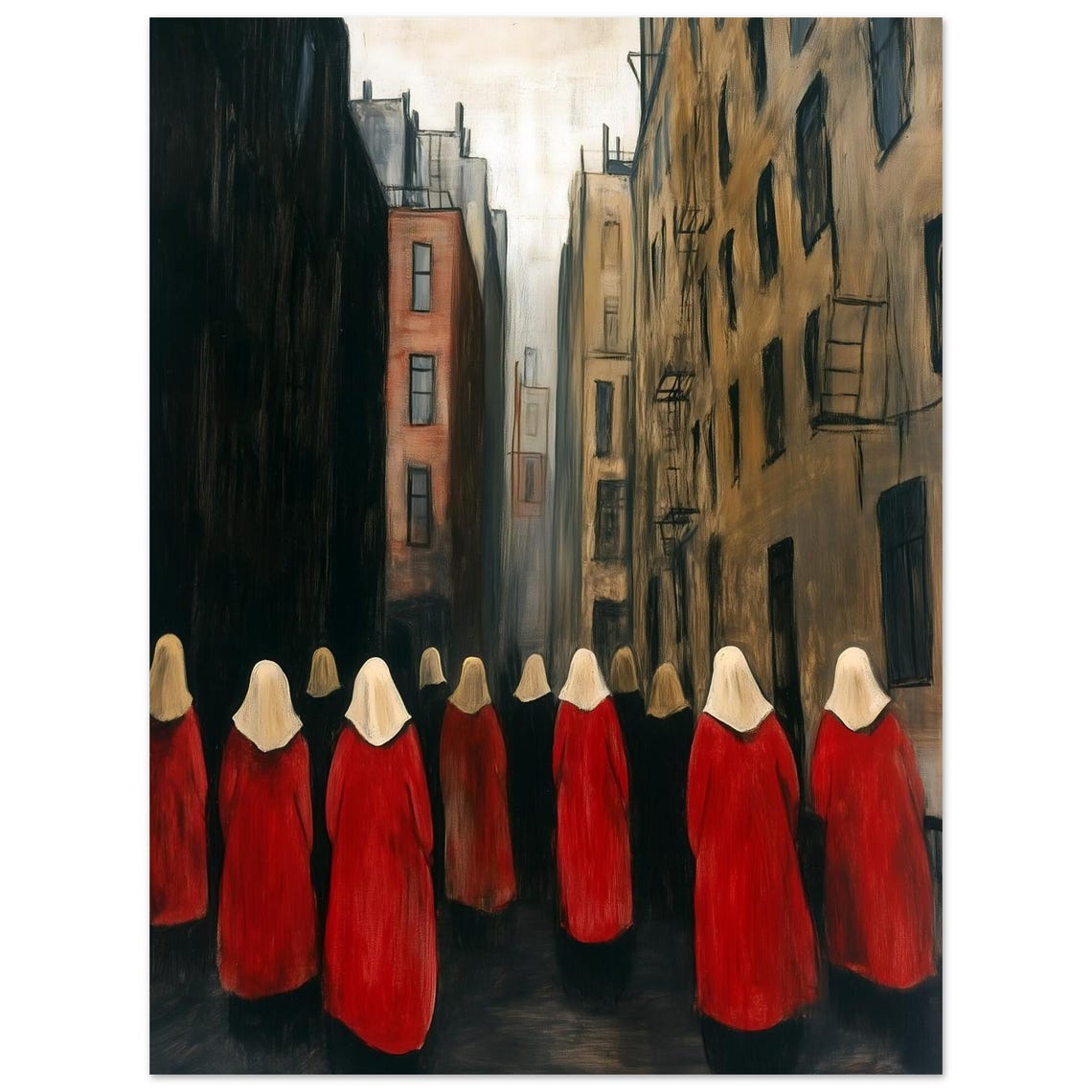 Red Cloaked Figures Moody City Street Surreal Crowd Scene Poster