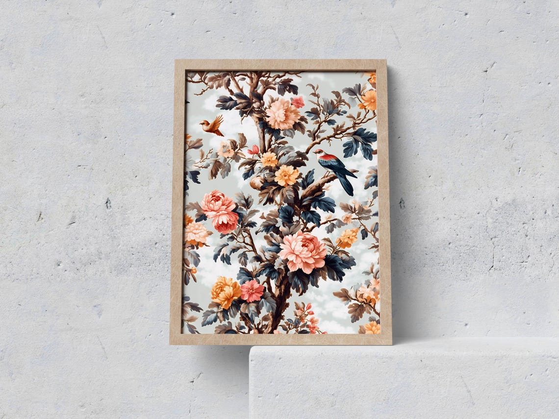 Botanical Chinoiserie Tree with Birds and Florals Vintage Poster Art