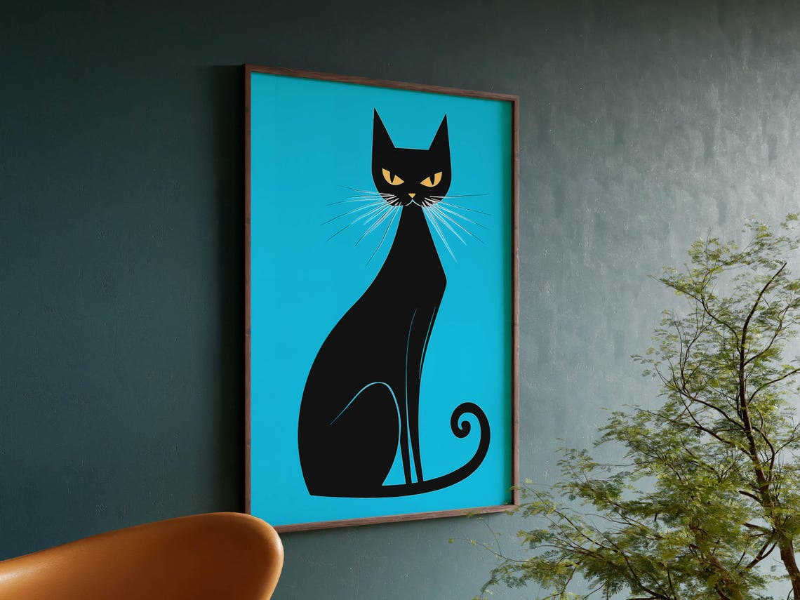 Retro Black Cat Silhouette on Turquoise Yellow Eyes Mid Century Poster