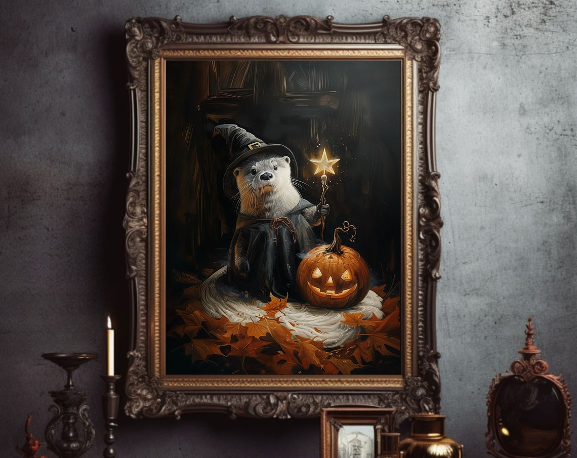 Cute Otter Wizard with Jack O Lantern Pumpkin Halloween Poster