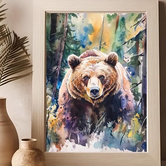Grizzly Bear Poster, Watercolor Forest Modern Home Decor
