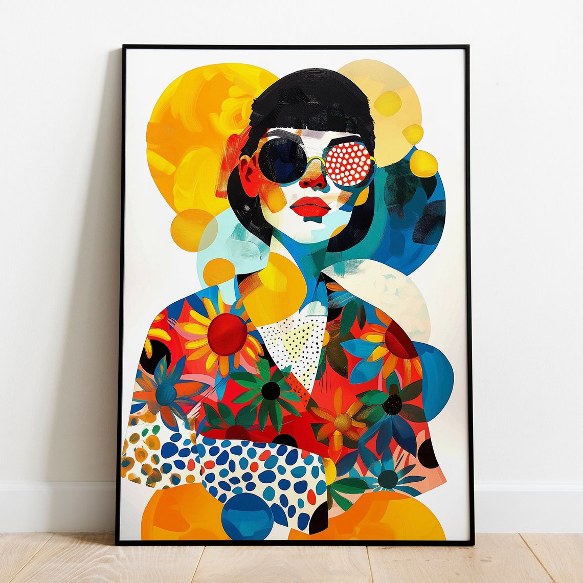 Colorful Abstract Woman Sunglasses Floral Pop Art Portrait Poster - Image 4