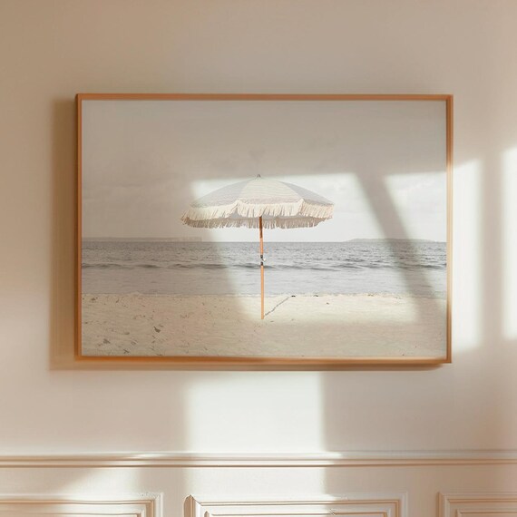 Lone Striped Beach Umbrella Minimalist Coastal Photo Art Poster
