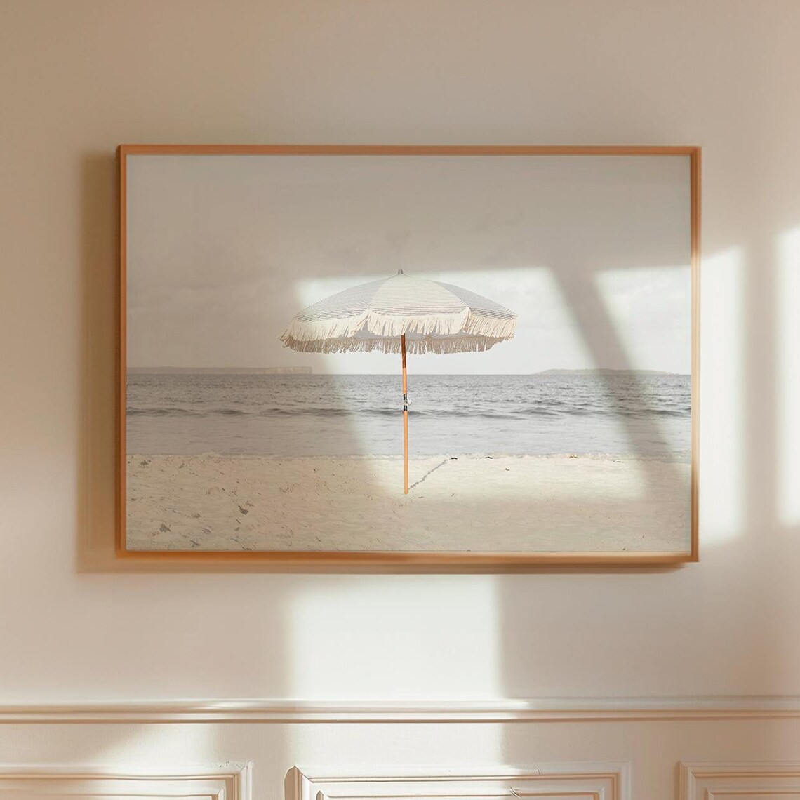 Lone Striped Beach Umbrella Minimalist Coastal Photo Art Poster