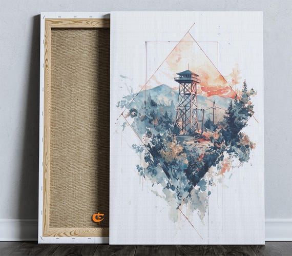 Tranquil Watercolor Of Firewatch Tower Wall Art Rustic Nature Landscape Painting Serene Forest Decor Print 891