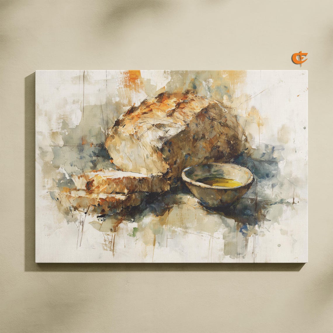 Rustic Bread Loaf and Olive Oil Bowl Watercolor Kitchen Art Print